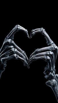 skeleton hands forming a heart symbol of love and affection, skeletal hands making heart gesture with gothic symbolism, eerie skeleton hands creating a heart gesture for halloween