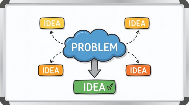 Problem solving mind map on whiteboard, creative brainstorming diagram with cloud and idea bubbles, business strategy flowchart
