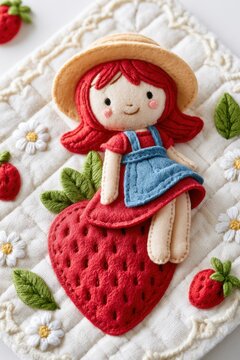 Handmade textile applique illustration featuring a girl with red hair wearing a straw hat, sitting on a large strawberry surrounded by flowers and smaller strawberries