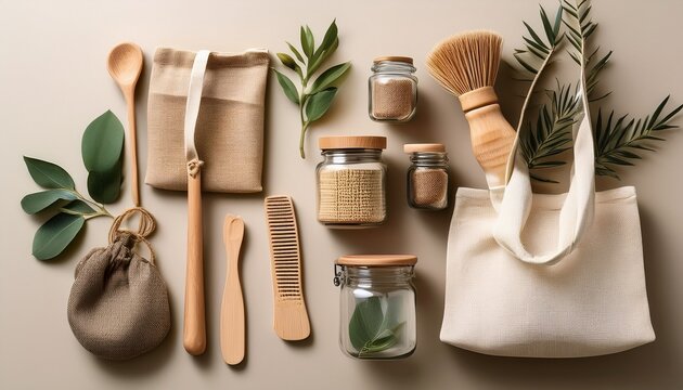 Composicion Flat Lay De Productos Sostenibles De Cero Desperdicio Como Frascos De Vidrio Bolsas De Tela Y Cepillo De Bambu