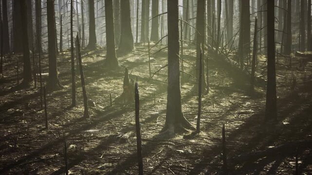 Sunlit mossy forest floor at dawn, long vertical trunks casting soft rays and deep shadows across damp leaf litter quiet atmosphere evokes calm, slow living