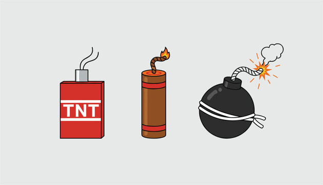 Cartoon dynamite sticks and classic round black bomb with burning fuses are displayed against a plain background.