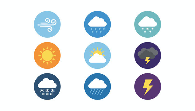 Grid of nine colorful circular weather forecast icons displaying sun, clouds, rain, snow, wind, and lightning.