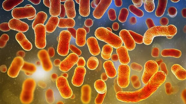 Acinetobacter baumannii bacterium, 3D animation showing coccobacillary morphology with smooth outer membrane surface and subtle cellular texture.
