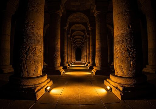 Dark stone corridor with ancient pillars and floor lights.