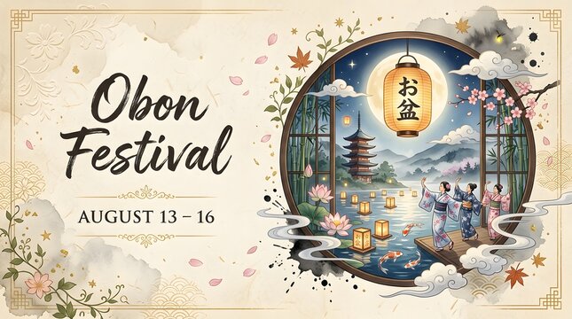 Obon Festival Illustration With Pagoda Lanterns And Floral Ornament