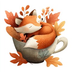 Fototapeta premium Cozy fox curled in cup with autumn leaves illustration.