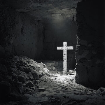Dramatic Christian cross inside a dark cave with light from the outside, spiritual faith concept