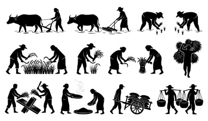 Fototapeta premium Traditional Rice Farming and Rural Agriculture Silhouette Vector Set