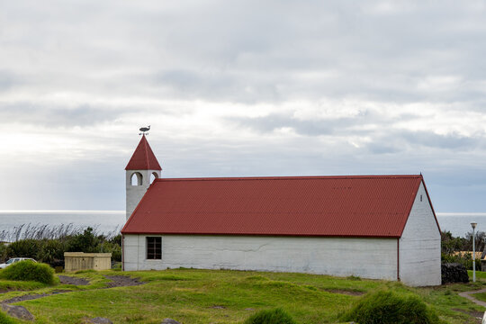 Church with a whale weather vane on the steeple, in Edinburgh of the Seven Seas, Tristan da Cunha