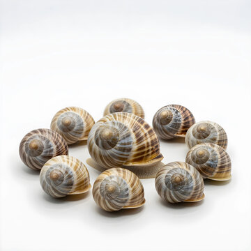 Garden snail surrounded by empty snail shells arranged in a circle on a clean white background, the shells display natural spiral patterns and varying shades of brown