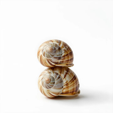 Two stacked snail shells with intricate spiral patterns and natural brown and white stripes, isolated on a clean white background