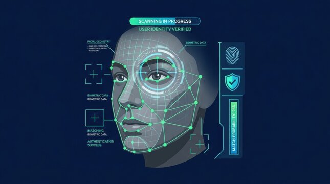 Facial recognition technology scanning user identity with validation and biometric data processing
