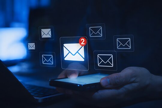 Email Notification and Mobile Message Alert Concept. Person using smartphone with envelope icons and unread badge representing incoming messages, email alerts, communication, digital notifications,