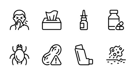 Fototapeta premium Allergy Symptoms Icons: Sneezing, Nasal Spray, Medication, Asthma Inhaler, Food Allergy