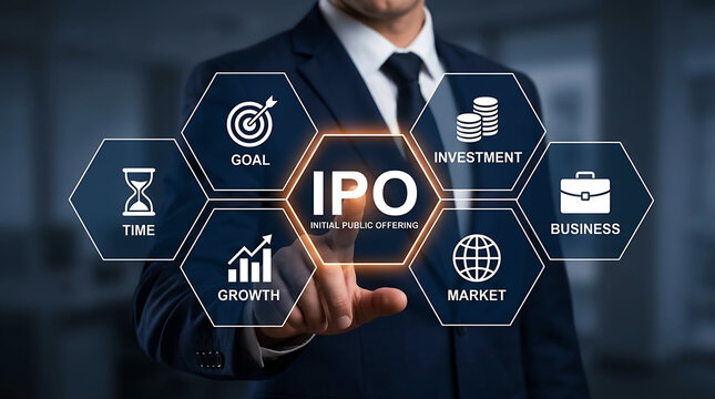 Businessman touching IPO initial public offering business growth investment icon concept