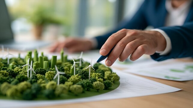 Hand points at green model with wind turbines.