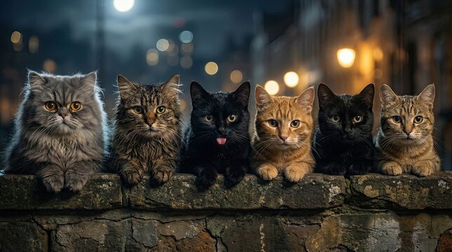 Feline Friends on a Wall: A diverse group of six cats, ranging from fluffy Persians to sleek tabbies and a striking black cat.