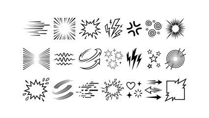 Set of black and white manga comic book speed lines action effects and emotional expression symbols for graphic design projects Vector © KhadizaAkter