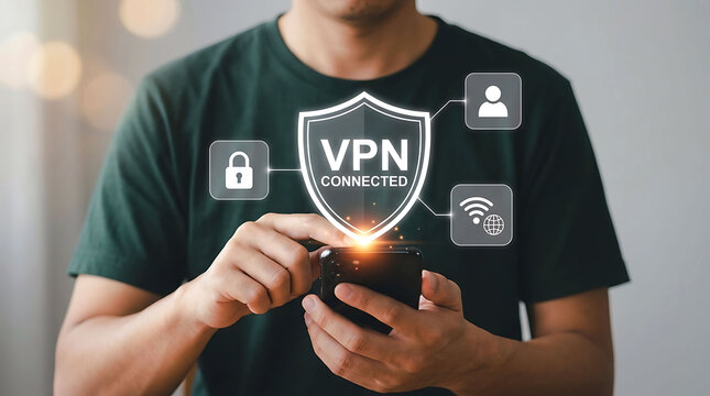 Man holding smartphone using secure VPN connected network for online cybersecurity technology