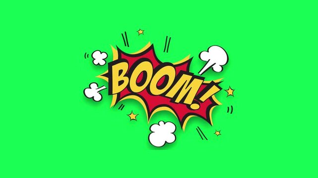 Comic book style boom speech bubble on green background