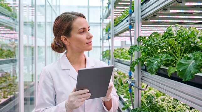 Female Agricultural Scientist Inspecting Hydroponic Vegetables in Modern Vertical Farm Greenhouse Sustainable Agriculture Smart Farming and Food Production