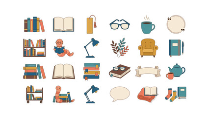 Set of colorful reading and library icons with books person reading armchair lamp glasses tea pot and speech bubbles 