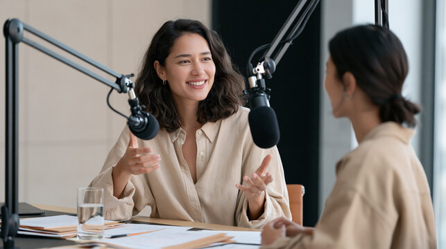 A radio host records a multicultural classroom segment in a minimalist studio, hands animated as she interviews a young language student via microphone, soundproofing tiles