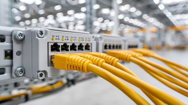 Yellow network cables connect to a server rack.