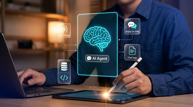 AI Agent Automation Concept with Artificial Intelligence Brain Icon and Chatbot Interface
