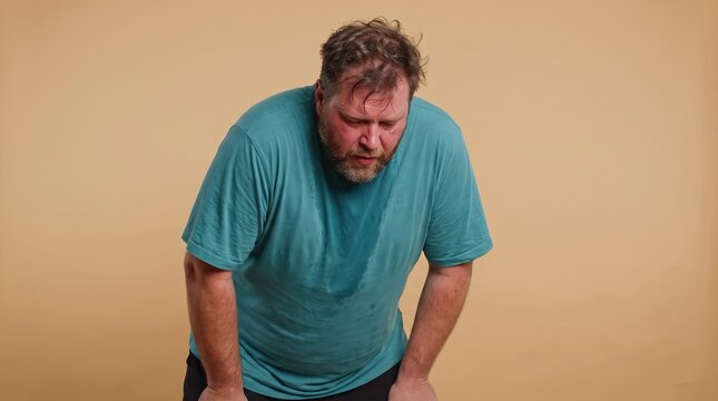 Sweating overweight man bending forward and breathing heavily after an intense workout against a beige studio background