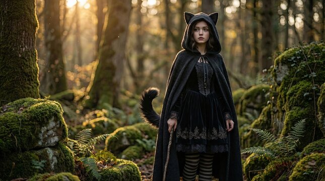 Enchanting Forest Sprite: A young girl in a dark hooded cloak and cat ears stands solemnly in a sun-dappled forest, surrounded by moss-covered rocks and ancient trees.