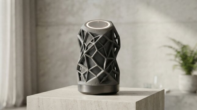 Smart speaker displayed on a concrete pedestal in a modern interior with natural light in the background