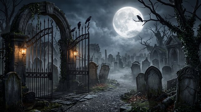 A spooky graveyard scene at night with a full moon and iron gates perfect for a dark halloween celebration