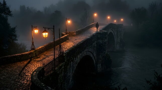 Pedestrian walks across an ancient stone bridge illuminated by vintage lamp posts during a foggy evening.
