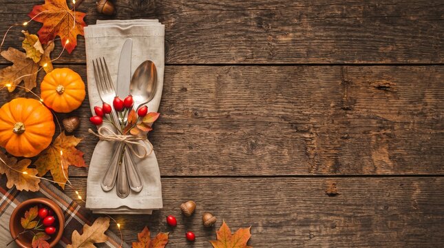 Rustic wooden table setting with autumn pumpkins and decorative silverware for a festive halloween dinner party celebration