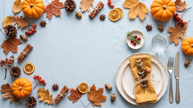 Festive halloween dinner table setting with pumpkins autumn leaves and pinecones on a light blue background flat lay