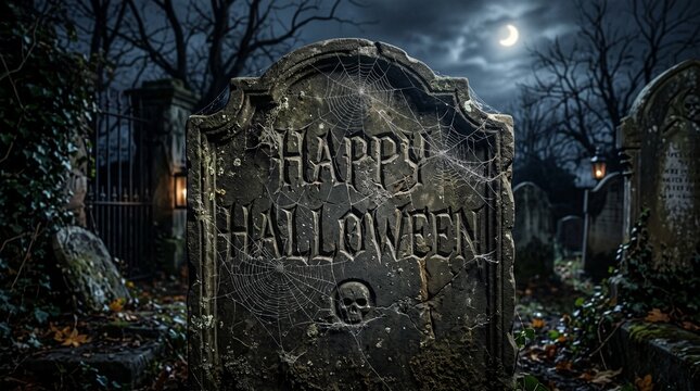 A spooky graveyard scene featuring a weathered stone tombstone with the text happy halloween under a bright full moon