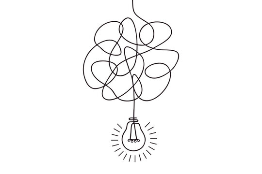Creative tangled line transforming into a glowing light bulb concept for problem solving, innovation, and business success ideas. Minimal continuous line art inspires clear thinking. Perfect for prese