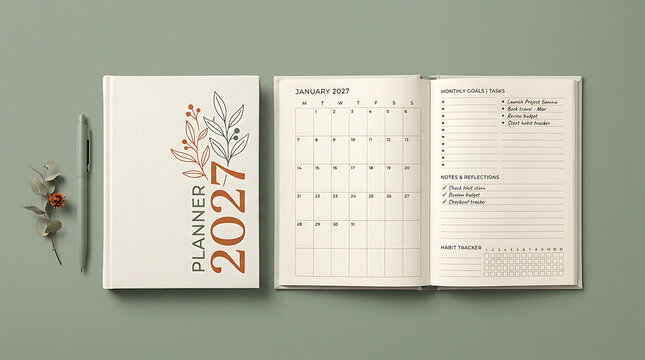 Open 2027 Planner Notebook with Floral Cover Design