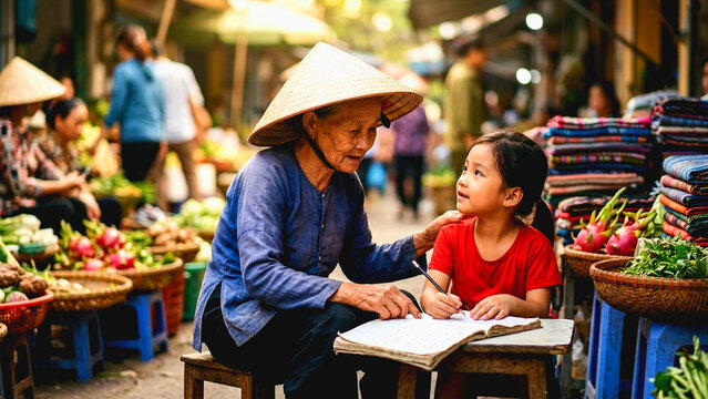 Elderly woman and young girl studying together at a traditional market