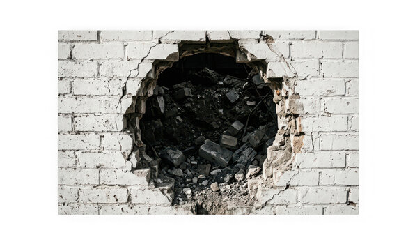 Large hole in a white brick wall revealing dark debris isolated on transparent background