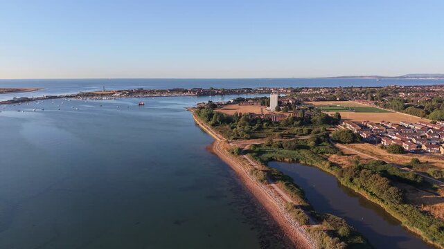Aerial drone footage of the University of Portsmouth Langstone Campus in Hampshire, England, showcasing university buildings, sports facilities