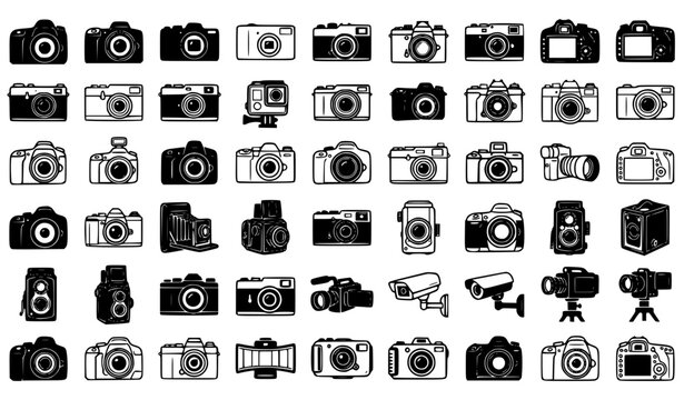 Black and White Camera Collection &ndash; Photography Camera Outline and Silhouette Vector Set