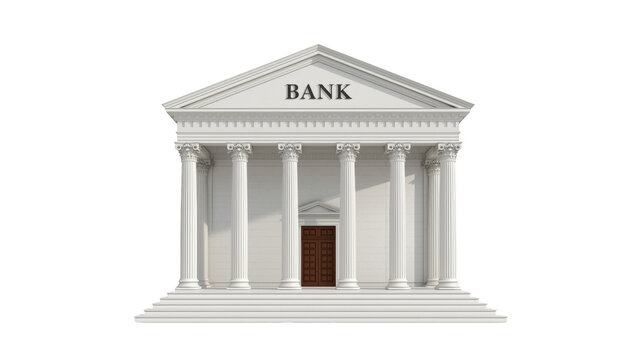 Classic neoclassical bank building architecture with white columns and pediment isolated on a solid black background isolated on a transparent background