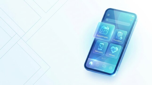 Mobile app display showing appointment, prescriptions, and wellness features on a smartphone screen