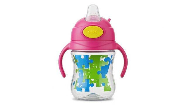 Pink and clear baby sippy cup with world map design on table