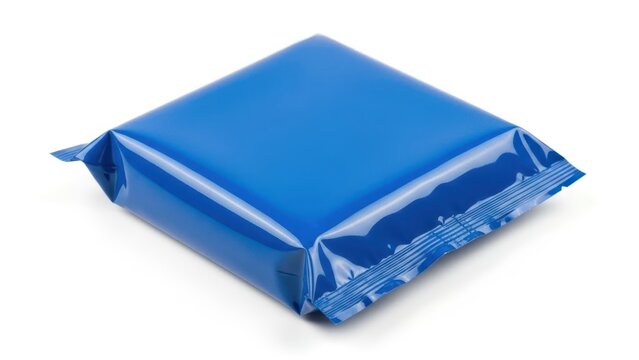 Blue foil candy wrapper with shiny crinkled texture on flat surface