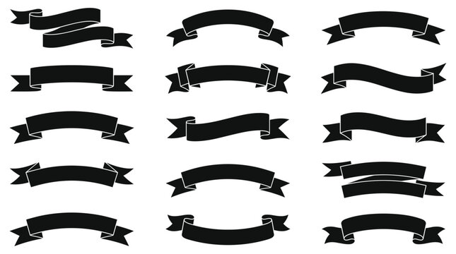 Collection of fifteen black ribbon banners and scroll shapes for text labels, isolated on a white background, set