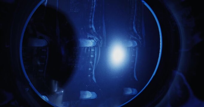 Rotating tunnel of medical mri spinal curvature and xray scans inside dark radiology viewer tracking shot, clinical analysis and diagnostic.